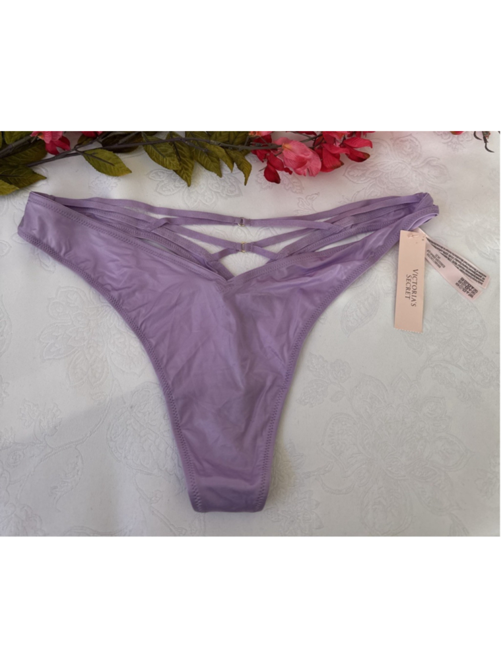 VICTORIA'S SECRET L PURPLE SILKY CUT OUT STRAPPY HI LEG THONG TANGA PANTIES NWT